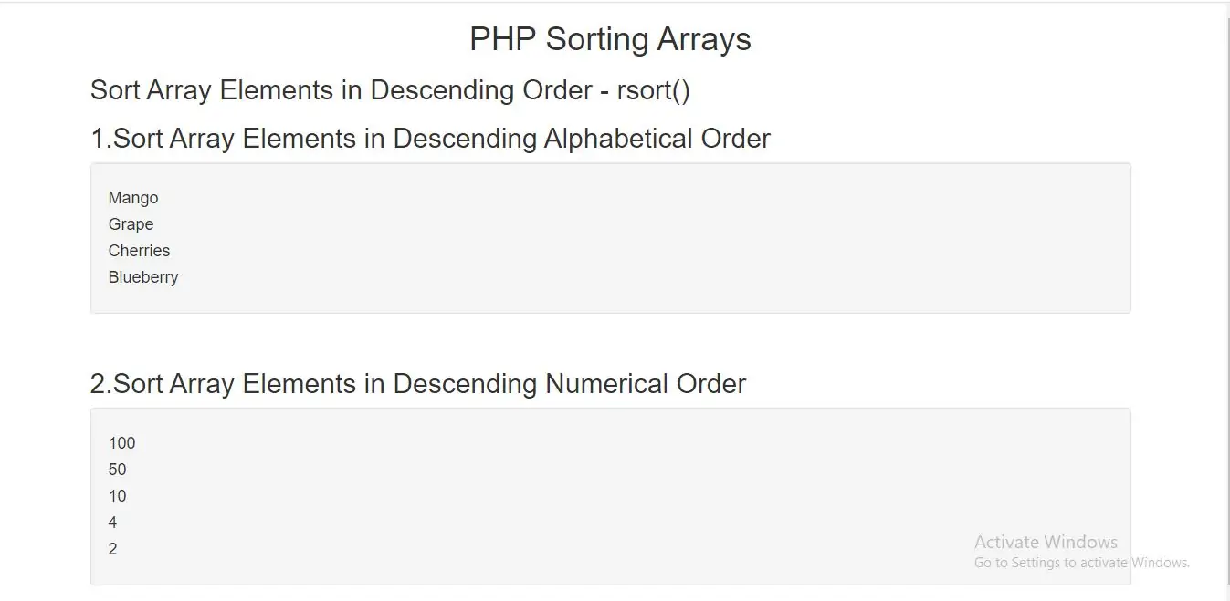 PHP rsort Function with example